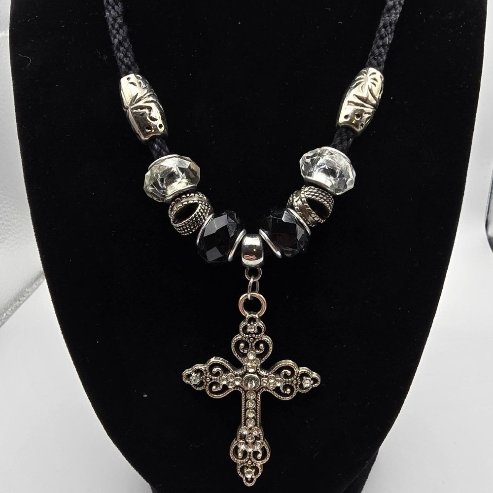 Black & Silver Tone Cross Necklace Corded Beaded Religious Faith Christian ~ 14"